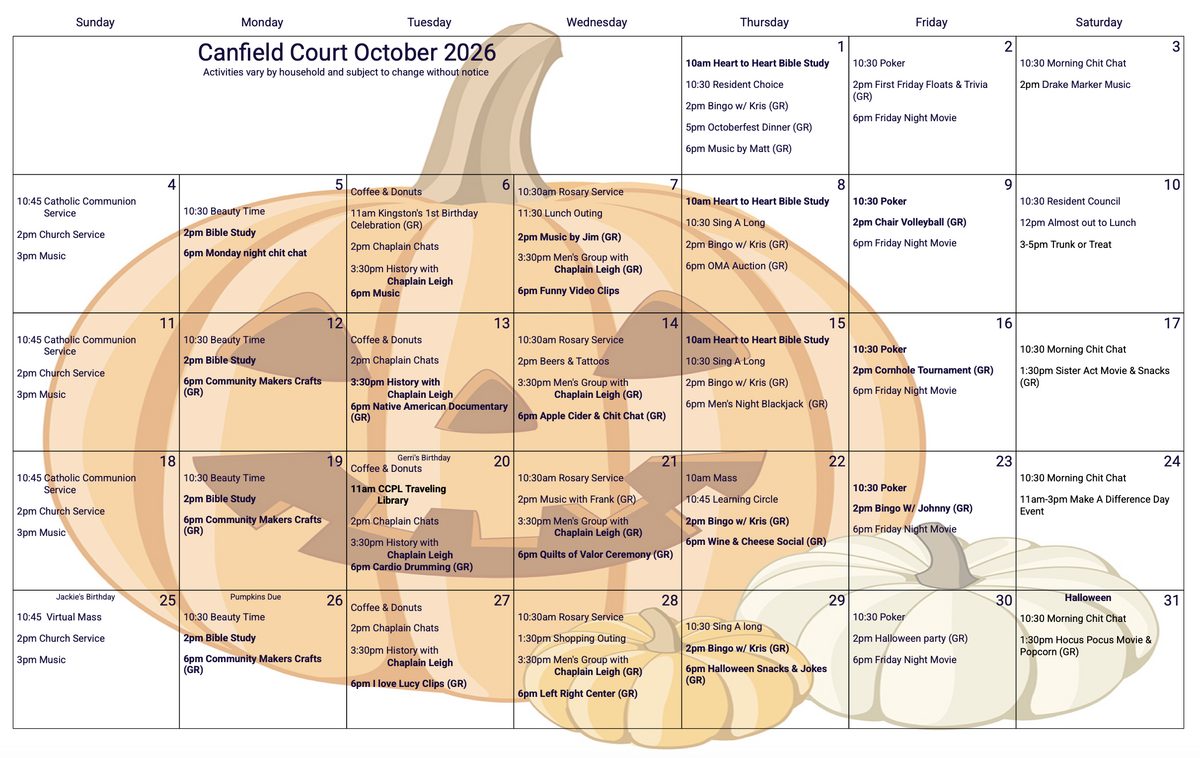 Canfield Court Oct 26 calendar